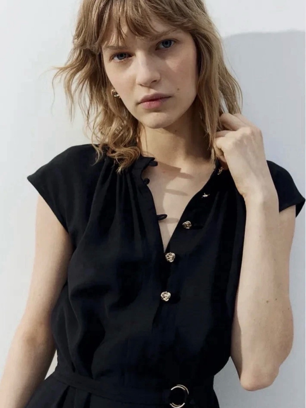 H&M Black Cap Sleeve Belted Midi Dress With Gold Buttons